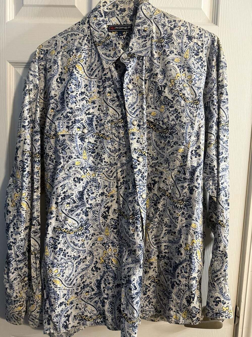 Roper Men's XL Long Sleeve Western Shirt Blue Yellow Paisley Pearl Snap
